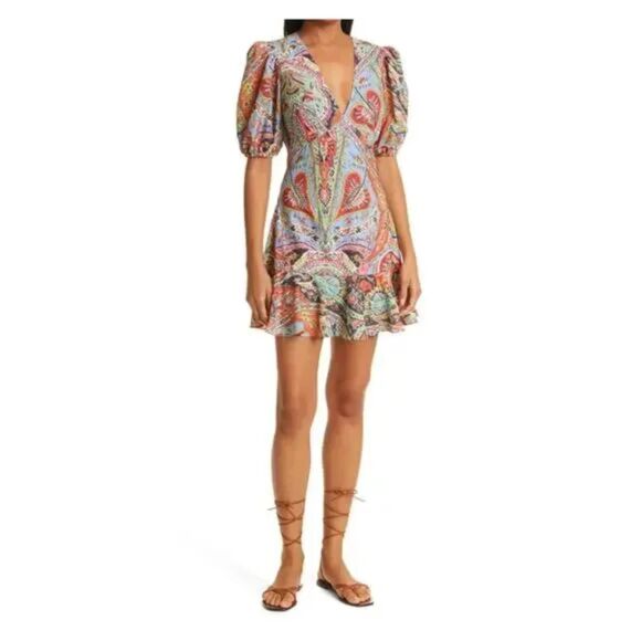 Rhode Dress Womens 6 Ruby Festival Of Love Mini Deep V Neck Puff Sleeve Flare - Picture 1 of 16